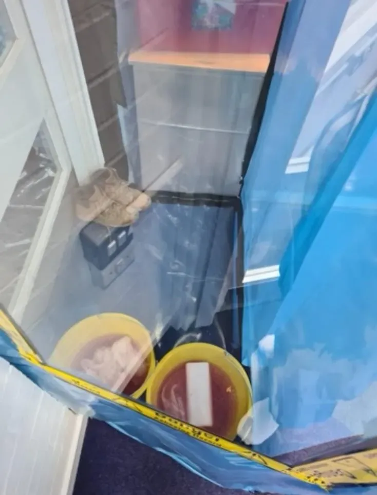 An internal asbestos removal containment zone with blue and clear plastic sheeting and safety equipment.